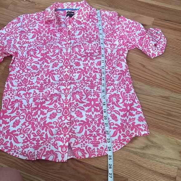 Talbots size 8 Pink floral Boho Short cuffed Sleeve Button Down Shirt - Picture 4 of 7